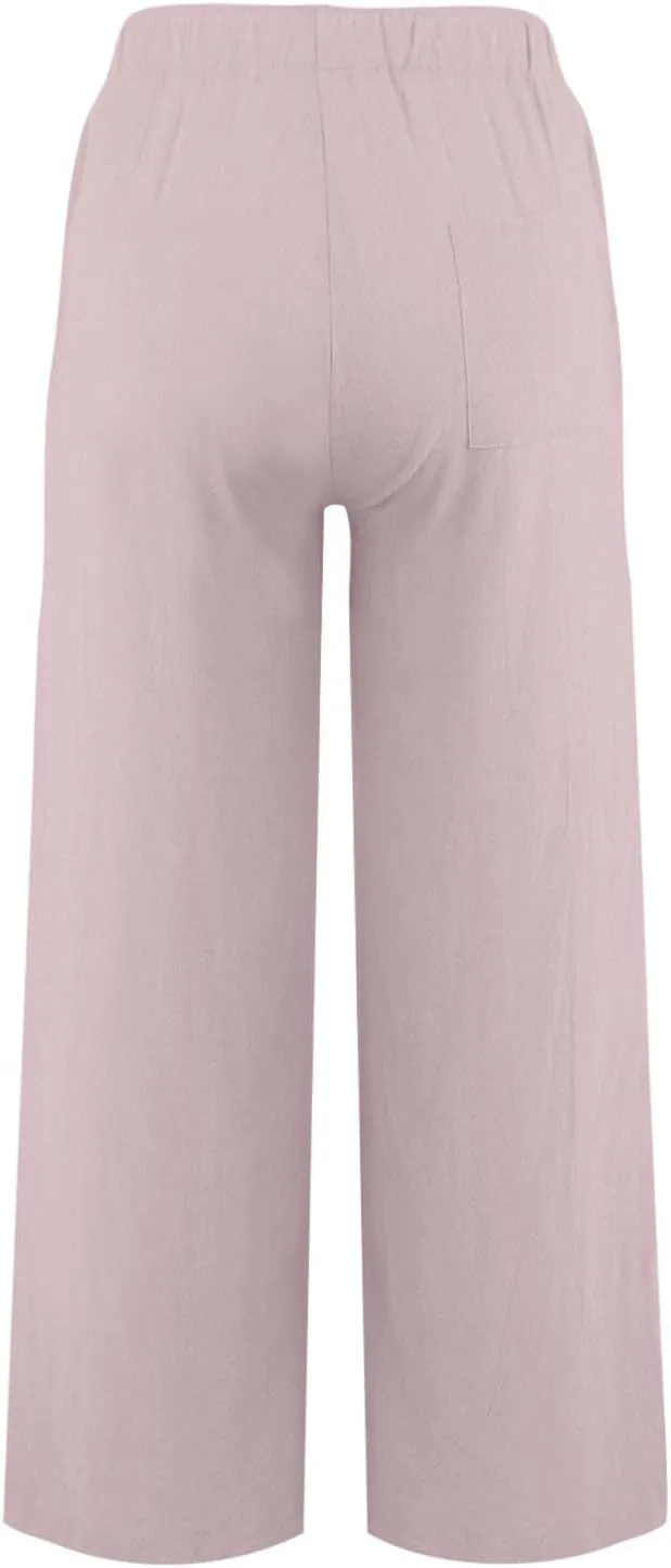 Linen Pants Women Summer Wide Leg Pants Drawstring Elastic Waist Pants High Waisted Lounge Pants Casual Beach Trousers
