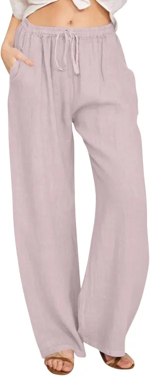 Linen Pants Women Summer Wide Leg Pants Drawstring Elastic Waist Pants High Waisted Lounge Pants Casual Beach Trousers