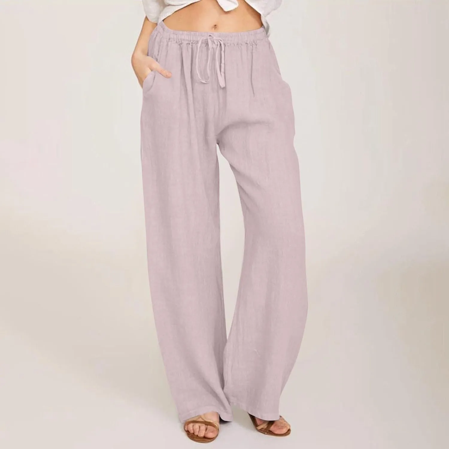 Linen Pants Women Summer Wide Leg Pants Drawstring Elastic Waist Pants High Waisted Lounge Pants Casual Beach Trousers