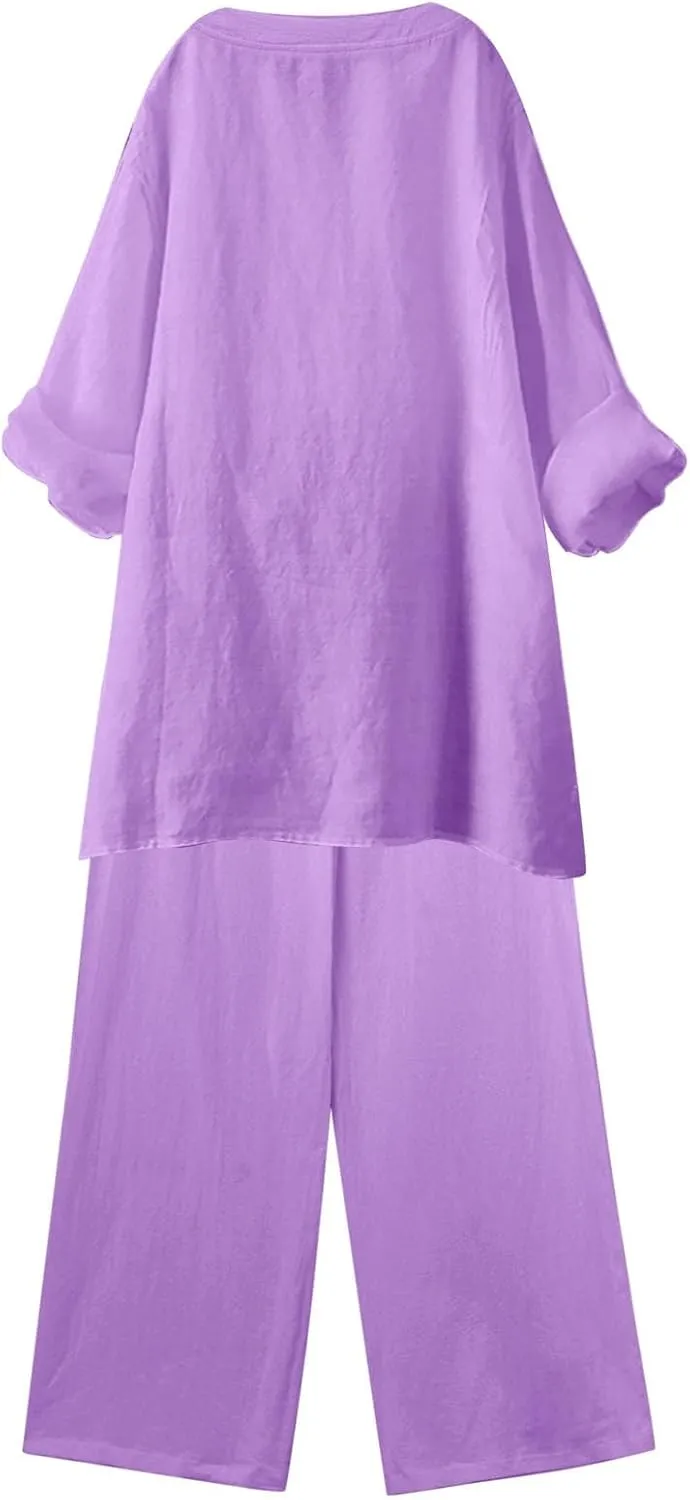 Linen Set For Women 2 Piece Summer Outfits Plus Size Long Sleeve Button Shirt Wide Leg Capri Pants Lounge Matching Sets