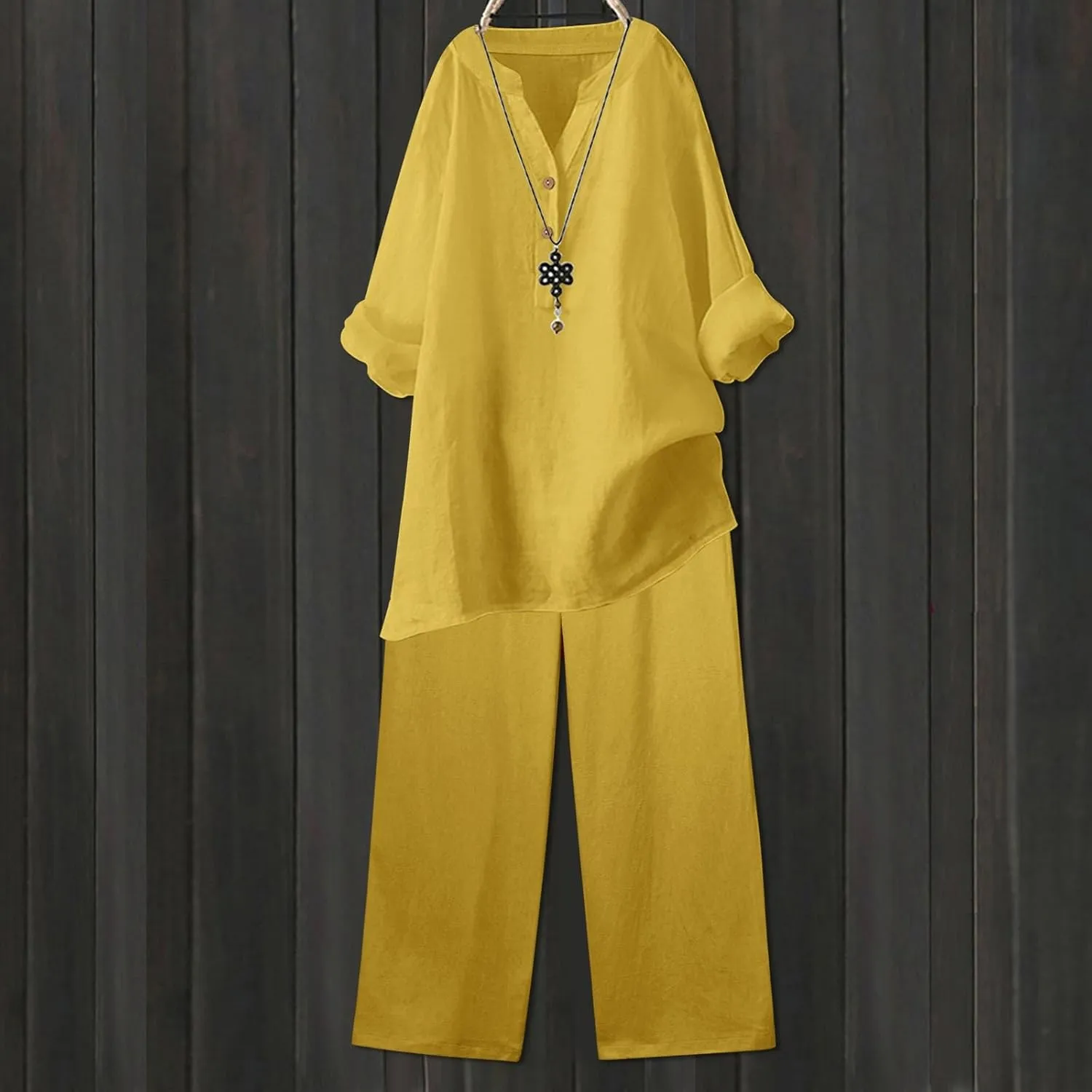 Linen Set For Women 2 Piece Summer Outfits Plus Size Long Sleeve Button Shirt Wide Leg Capri Pants Lounge Matching Sets