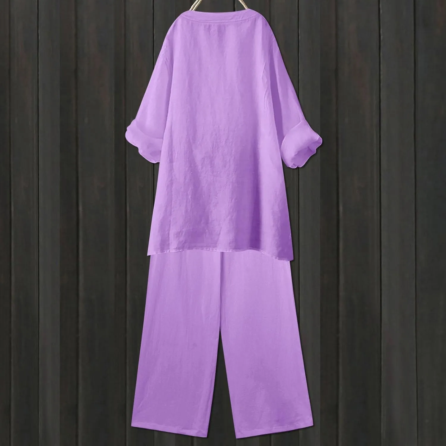 Linen Set For Women 2 Piece Summer Outfits Plus Size Long Sleeve Button Shirt Wide Leg Capri Pants Lounge Matching Sets