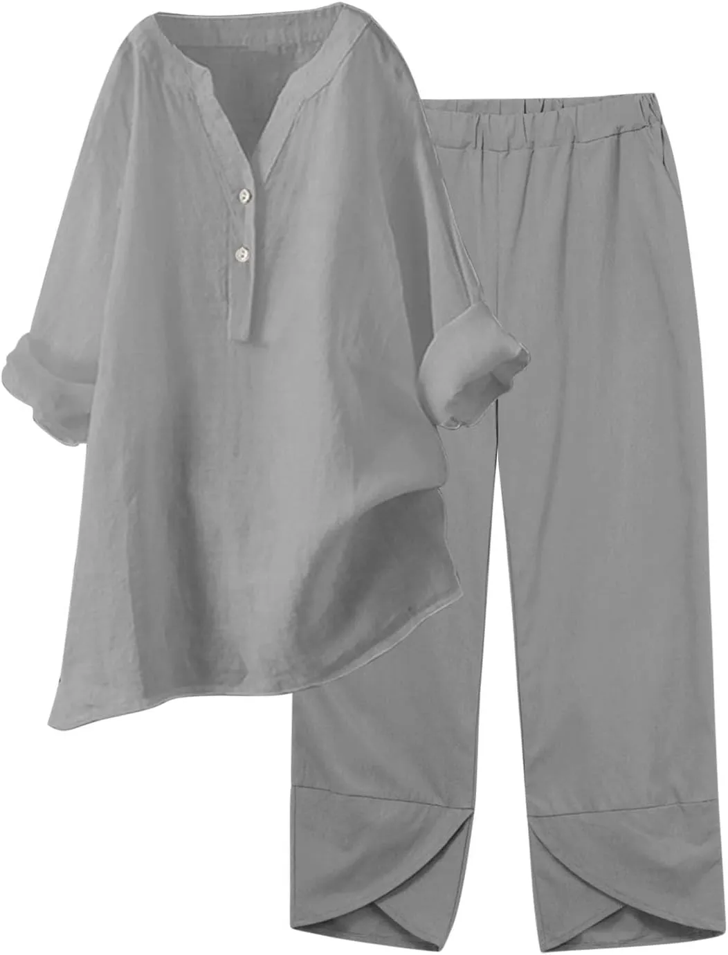 Linen Set For Women 2 Piece Summer Outfits Plus Size Long Sleeve Button Shirt Wide Leg Capri Pants Lounge Matching Sets