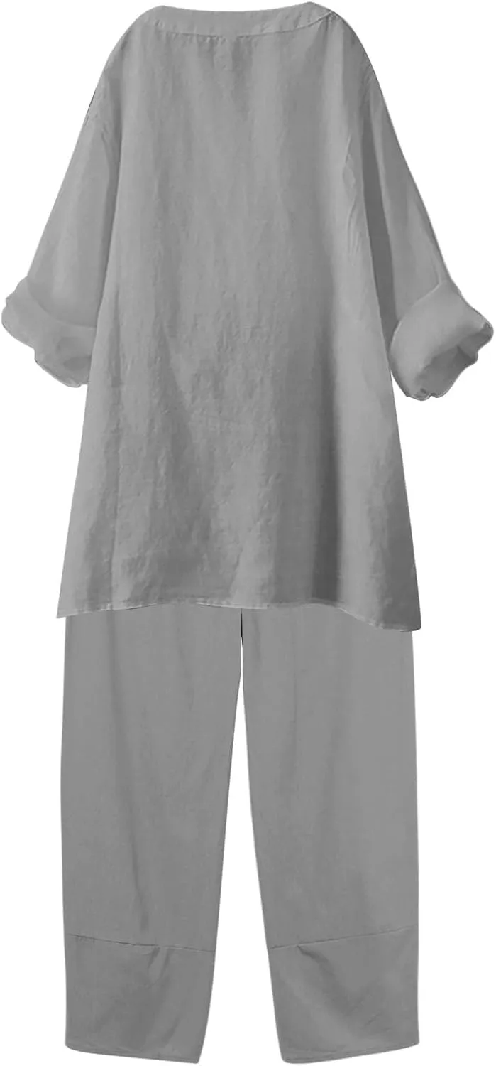 Linen Set For Women 2 Piece Summer Outfits Plus Size Long Sleeve Button Shirt Wide Leg Capri Pants Lounge Matching Sets