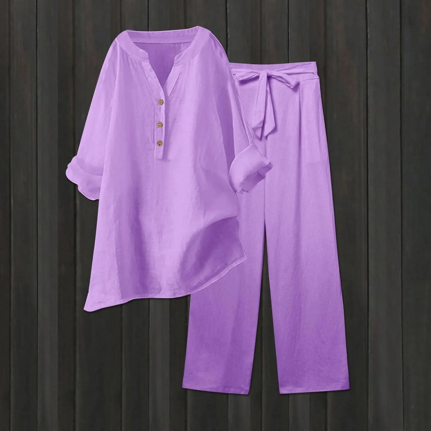 Linen Set For Women 2 Piece Summer Outfits Plus Size Long Sleeve Button Shirt Wide Leg Capri Pants Lounge Matching Sets