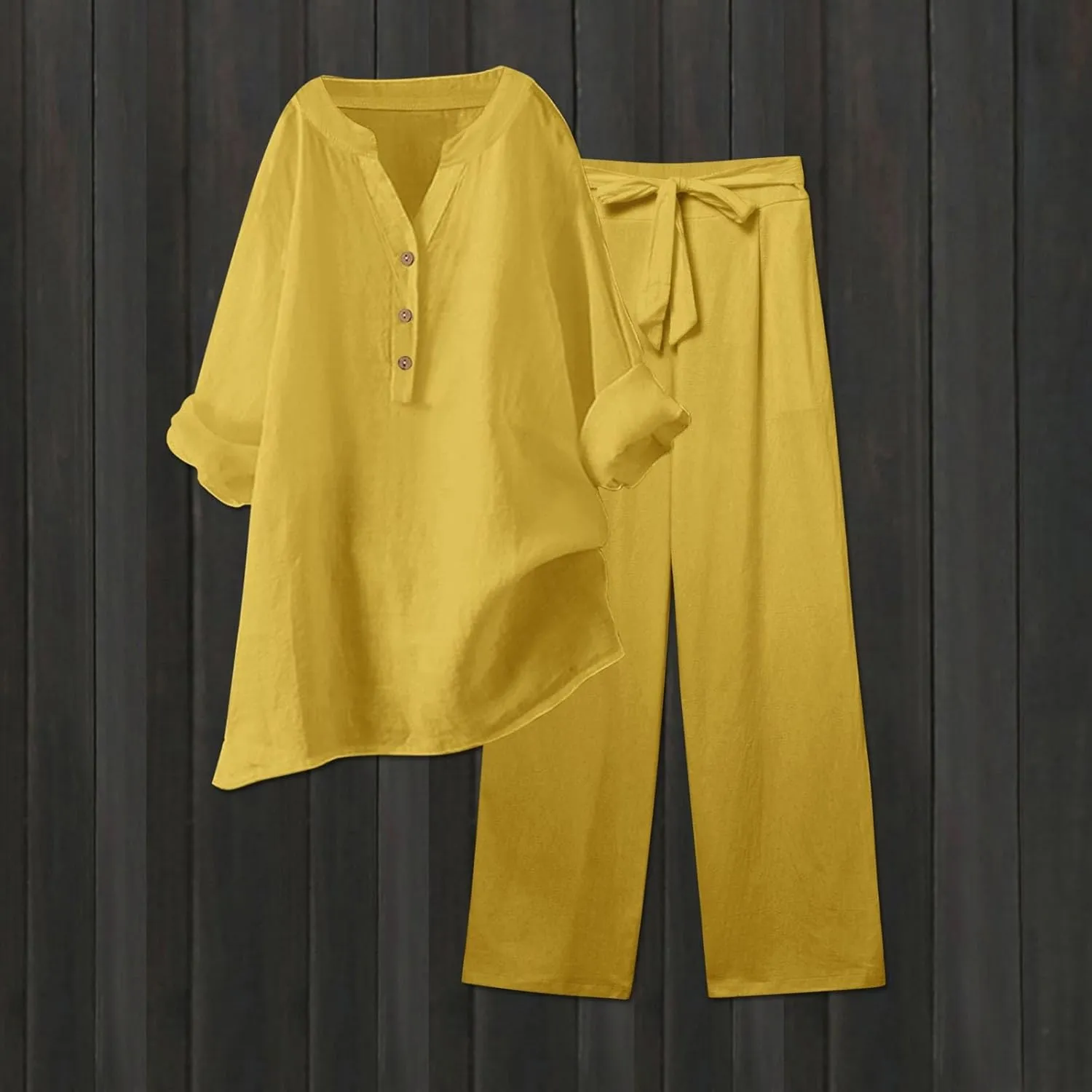 Linen Set For Women 2 Piece Summer Outfits Plus Size Long Sleeve Button Shirt Wide Leg Capri Pants Lounge Matching Sets