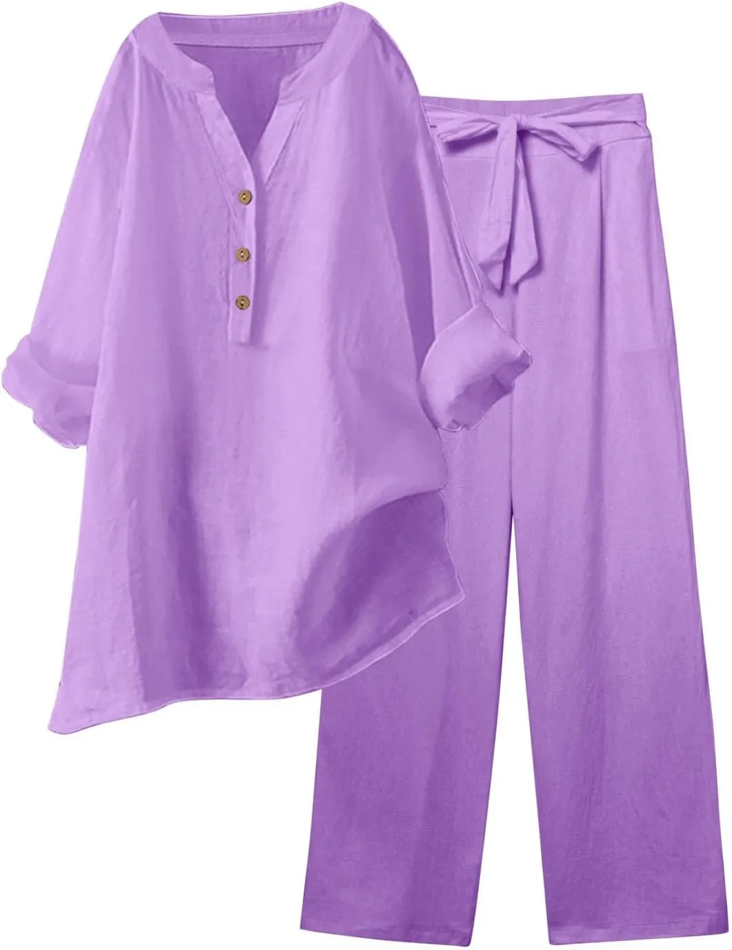 Linen Set For Women 2 Piece Summer Outfits Plus Size Long Sleeve Button Shirt Wide Leg Capri Pants Lounge Matching Sets