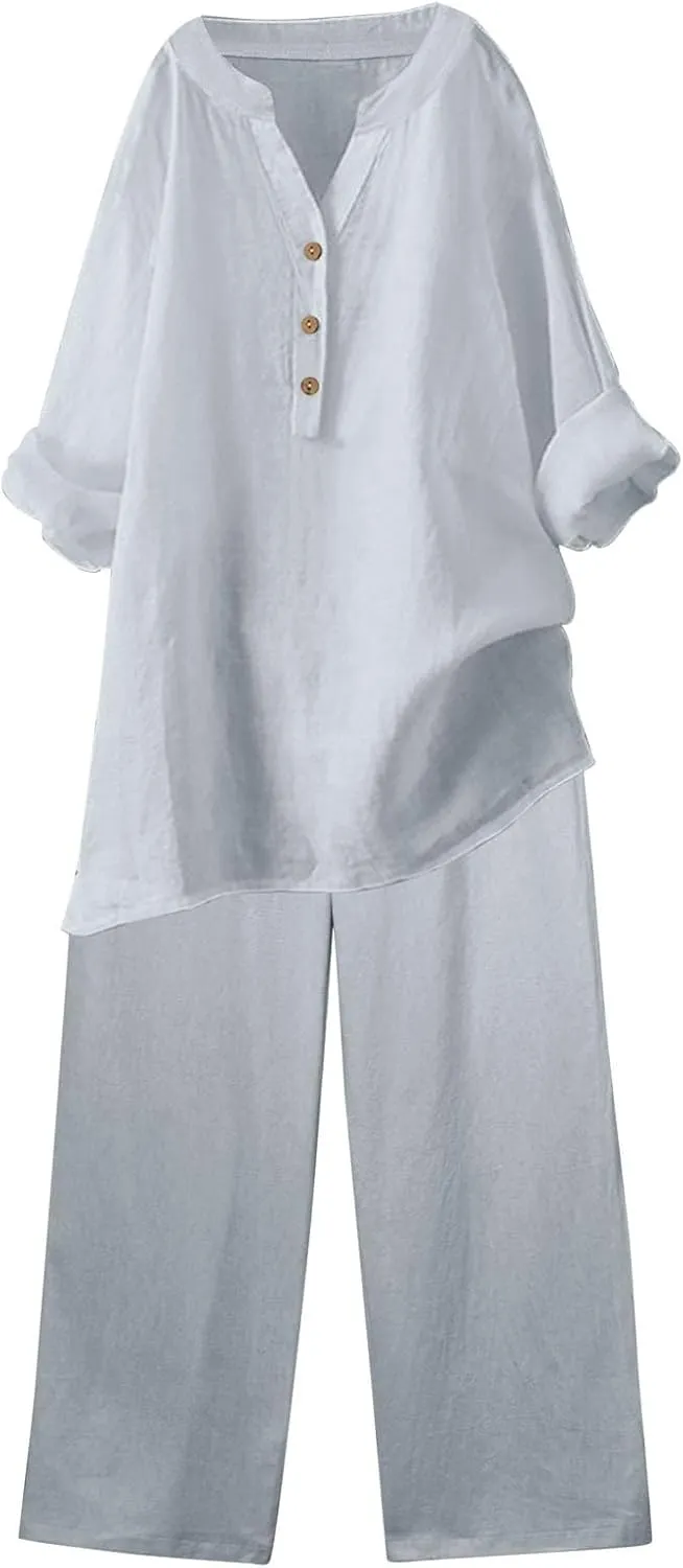Linen Set For Women 2 Piece Summer Outfits Plus Size Long Sleeve Button Shirt Wide Leg Capri Pants Lounge Matching Sets