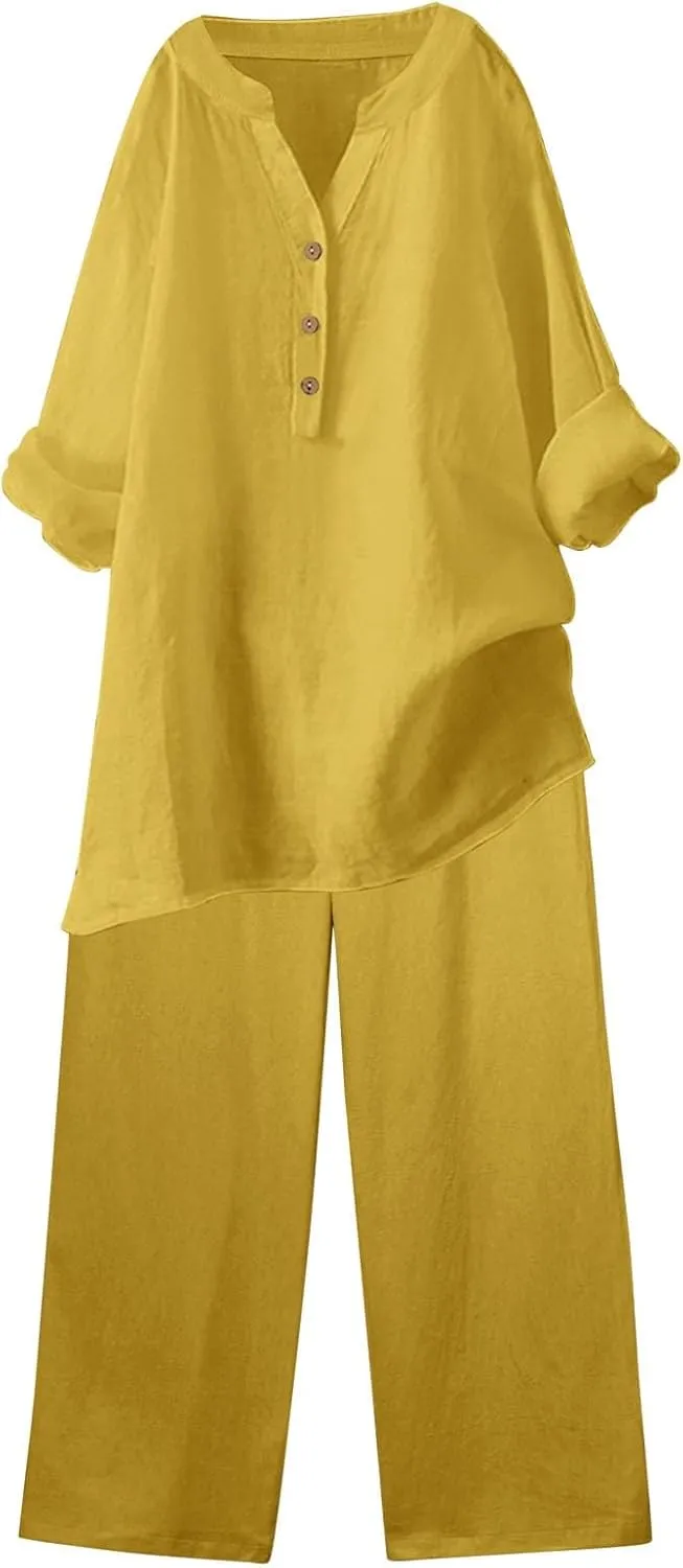 Linen Set For Women 2 Piece Summer Outfits Plus Size Long Sleeve Button Shirt Wide Leg Capri Pants Lounge Matching Sets
