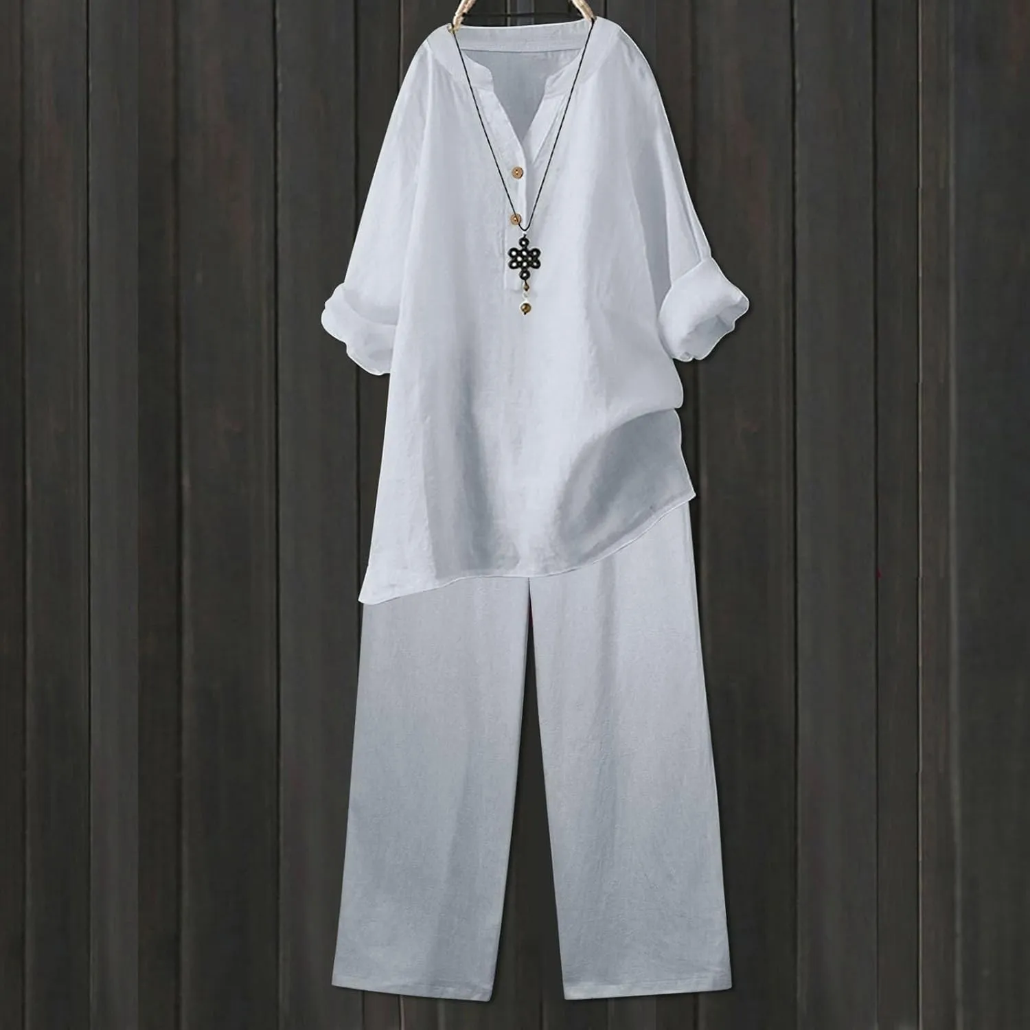 Linen Set For Women 2 Piece Summer Outfits Plus Size Long Sleeve Button Shirt Wide Leg Capri Pants Lounge Matching Sets