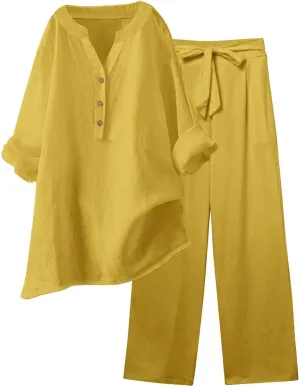 Linen Set For Women 2 Piece Summer Outfits Plus Size Long Sleeve Button Shirt Wide Leg Capri Pants Lounge Matching Sets
