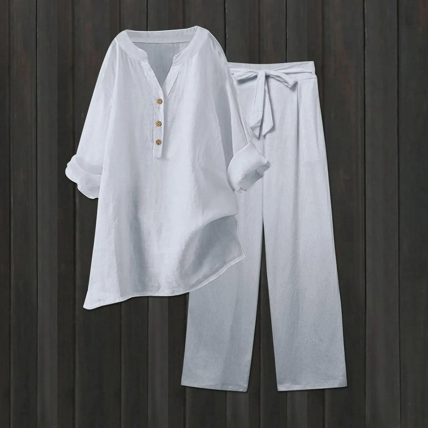 Linen Set For Women 2 Piece Summer Outfits Plus Size Long Sleeve Button Shirt Wide Leg Capri Pants Lounge Matching Sets