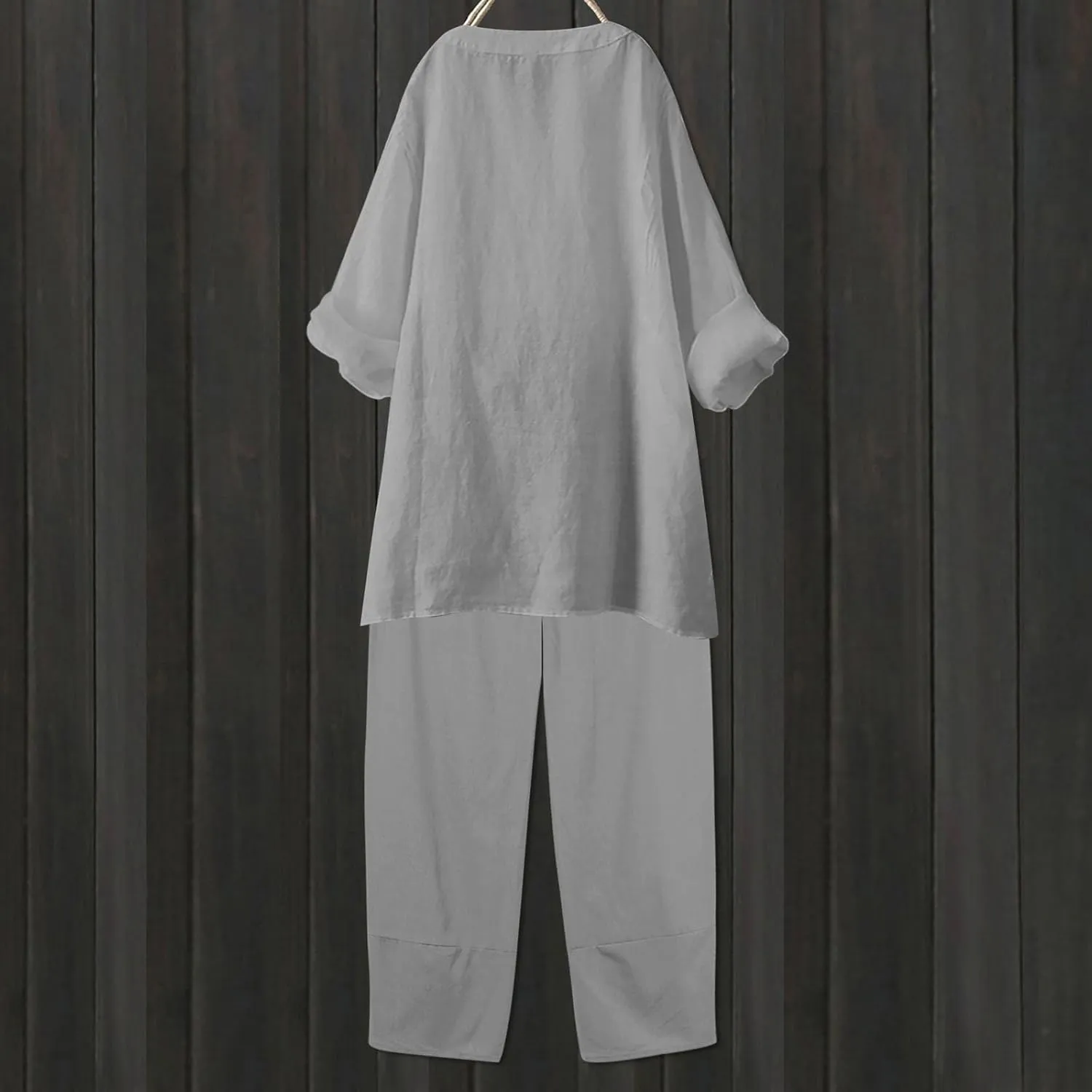 Linen Set For Women 2 Piece Summer Outfits Plus Size Long Sleeve Button Shirt Wide Leg Capri Pants Lounge Matching Sets