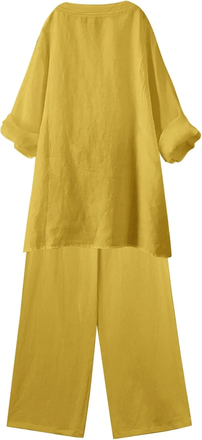 Linen Set For Women 2 Piece Summer Outfits Plus Size Long Sleeve Button Shirt Wide Leg Capri Pants Lounge Matching Sets