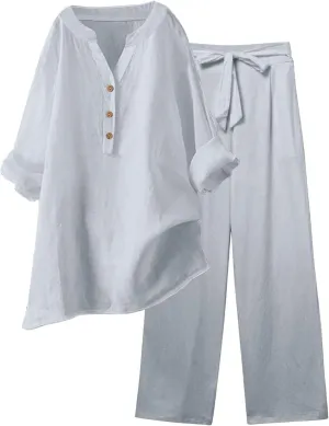 Linen Set For Women 2 Piece Summer Outfits Plus Size Long Sleeve Button Shirt Wide Leg Capri Pants Lounge Matching Sets