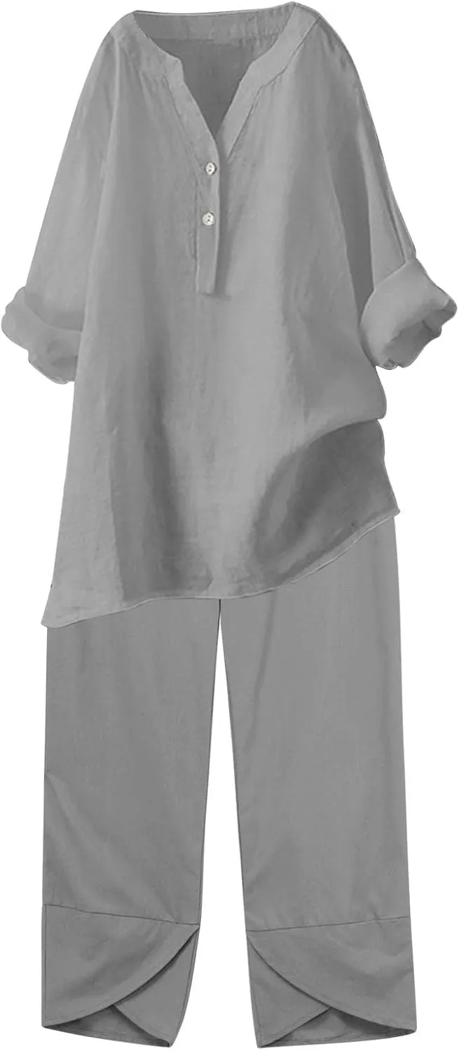 Linen Set For Women 2 Piece Summer Outfits Plus Size Long Sleeve Button Shirt Wide Leg Capri Pants Lounge Matching Sets