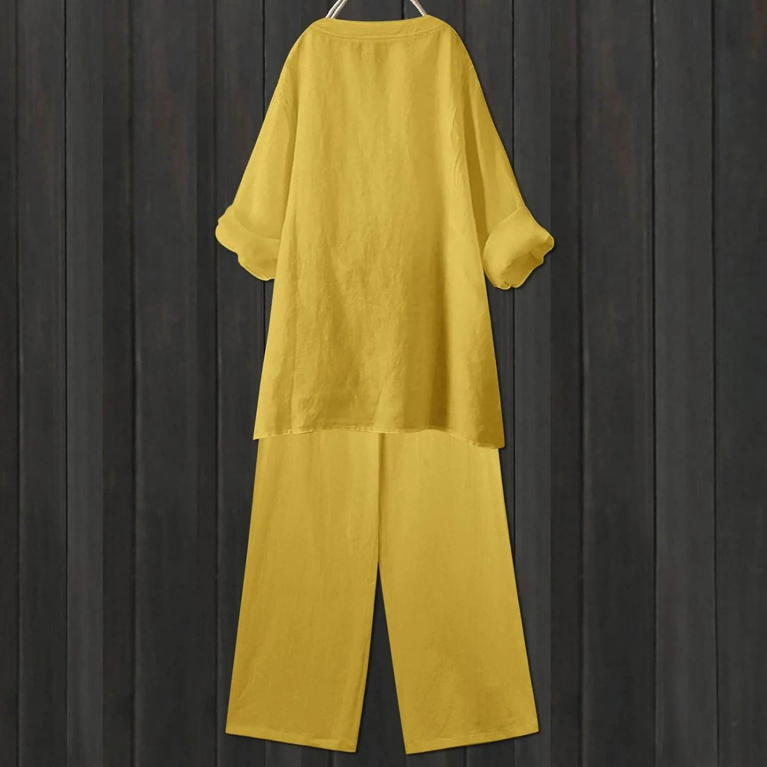 Linen Set For Women 2 Piece Summer Outfits Plus Size Long Sleeve Button Shirt Wide Leg Capri Pants Lounge Matching Sets