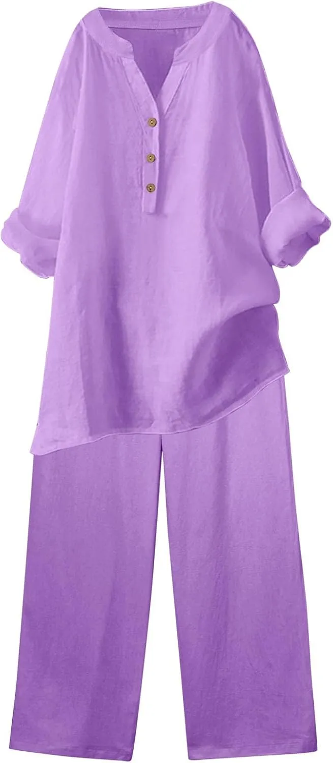 Linen Set For Women 2 Piece Summer Outfits Plus Size Long Sleeve Button Shirt Wide Leg Capri Pants Lounge Matching Sets