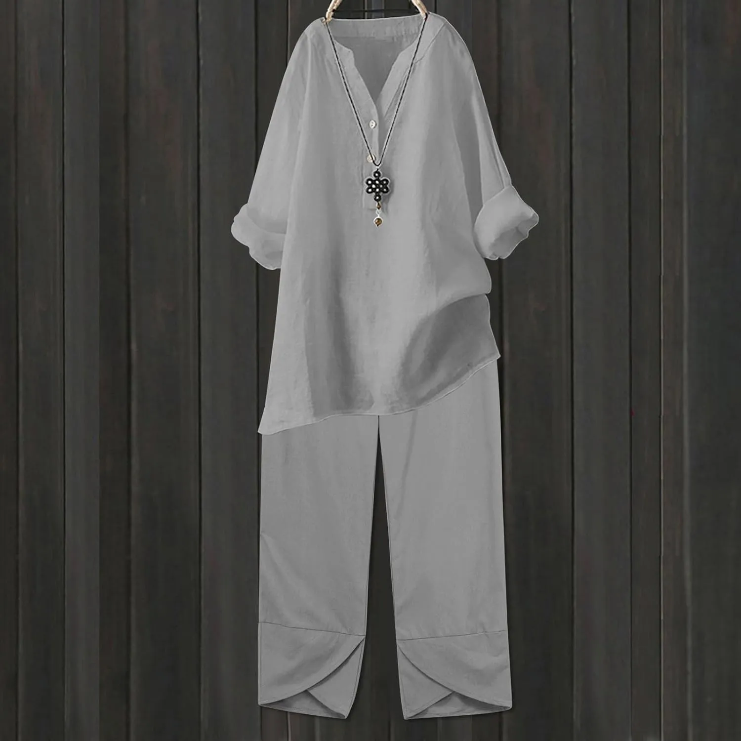 Linen Set For Women 2 Piece Summer Outfits Plus Size Long Sleeve Button Shirt Wide Leg Capri Pants Lounge Matching Sets