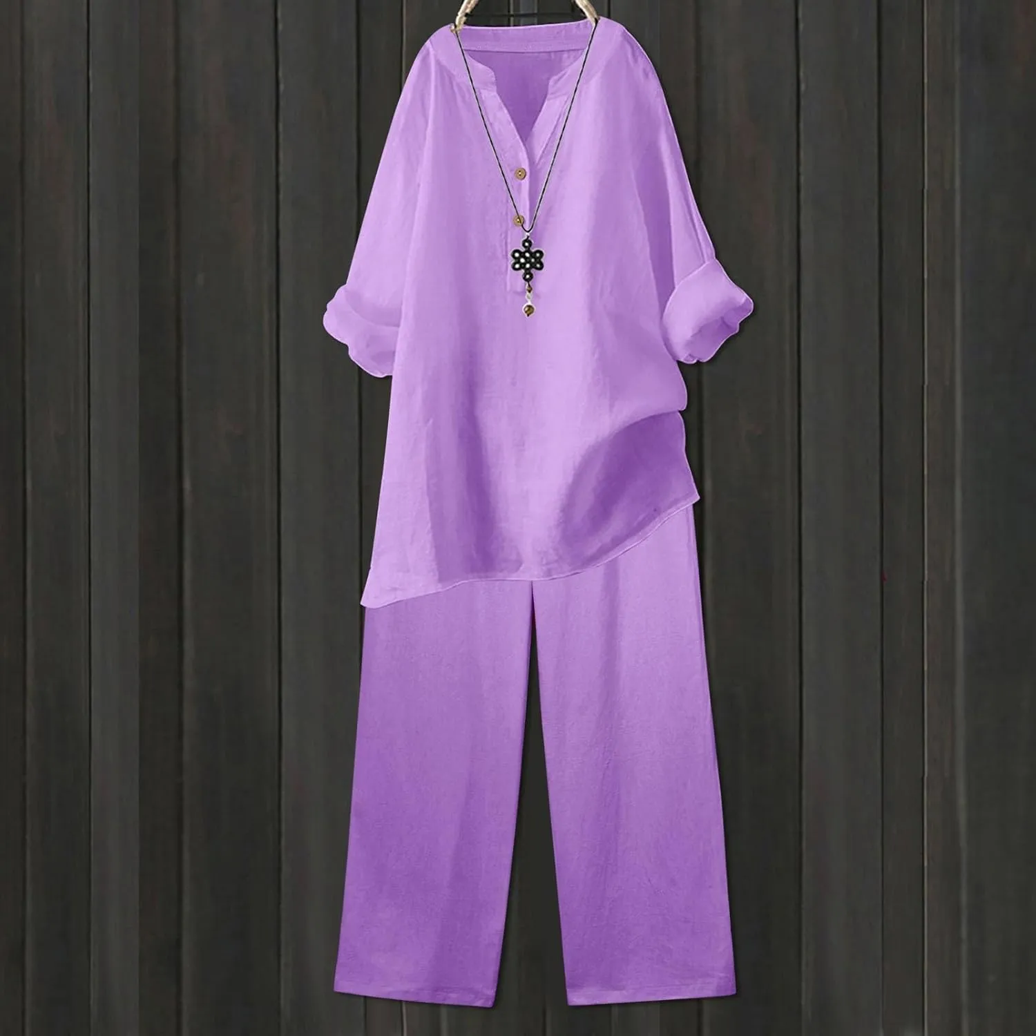 Linen Set For Women 2 Piece Summer Outfits Plus Size Long Sleeve Button Shirt Wide Leg Capri Pants Lounge Matching Sets