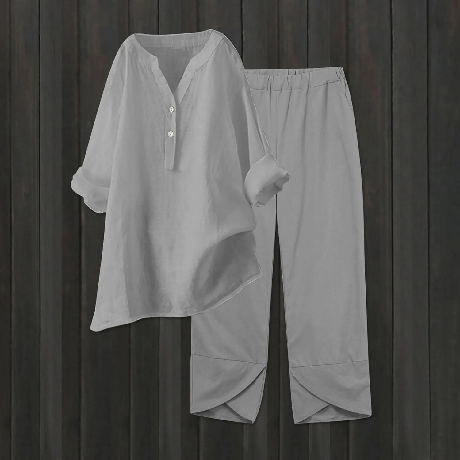 Linen Set For Women 2 Piece Summer Outfits Plus Size Long Sleeve Button Shirt Wide Leg Capri Pants Lounge Matching Sets
