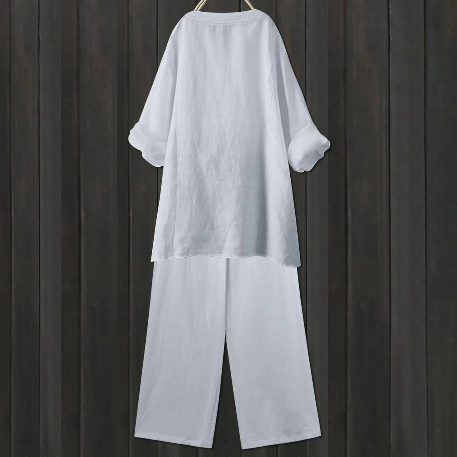 Linen Set For Women 2 Piece Summer Outfits Plus Size Long Sleeve Button Shirt Wide Leg Capri Pants Lounge Matching Sets