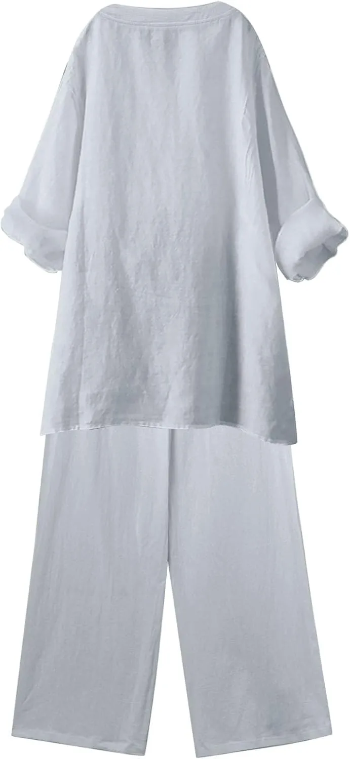 Linen Set For Women 2 Piece Summer Outfits Plus Size Long Sleeve Button Shirt Wide Leg Capri Pants Lounge Matching Sets