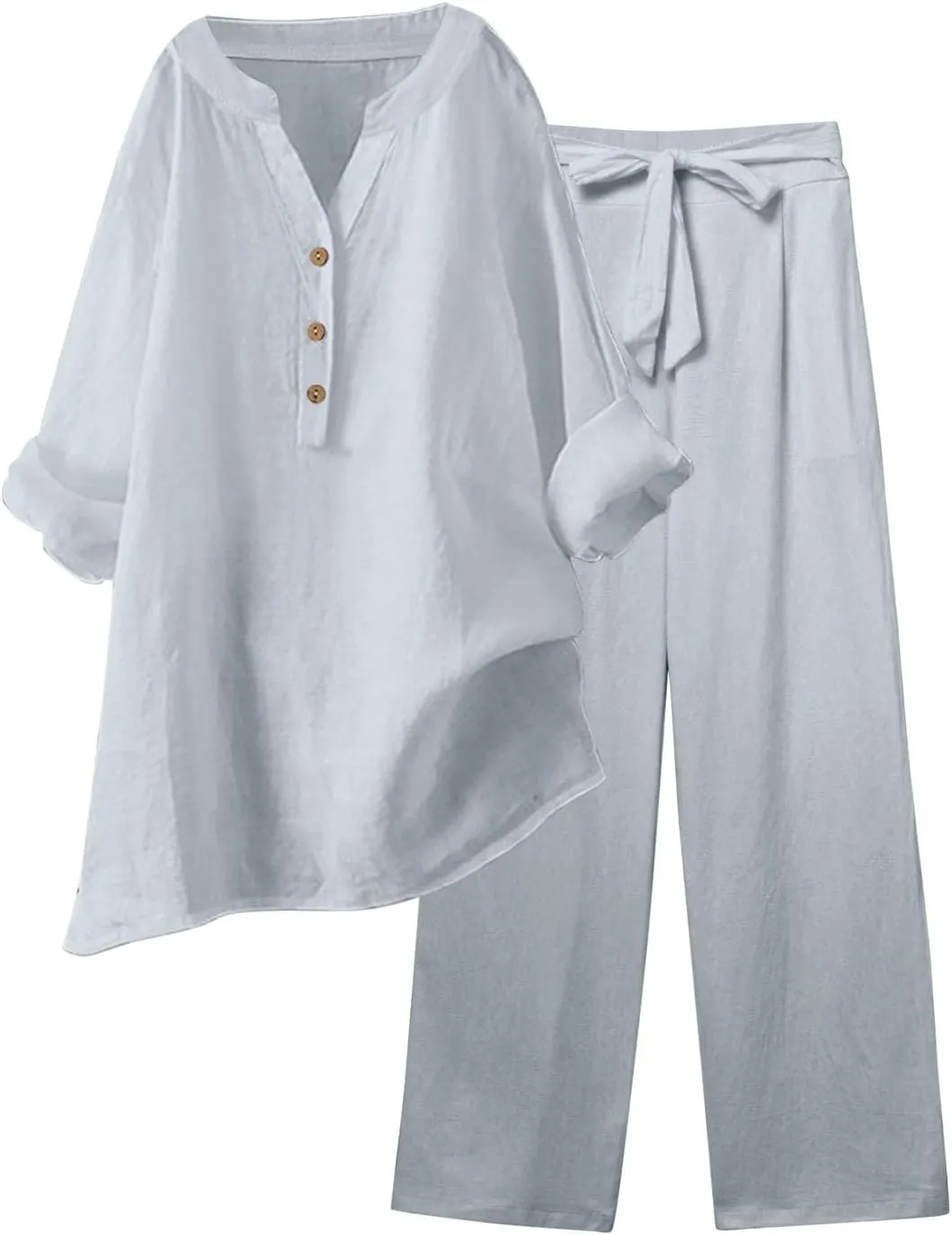 Linen Set For Women 2 Piece Summer Outfits Plus Size Long Sleeve Button Shirt Wide Leg Capri Pants Lounge Matching Sets