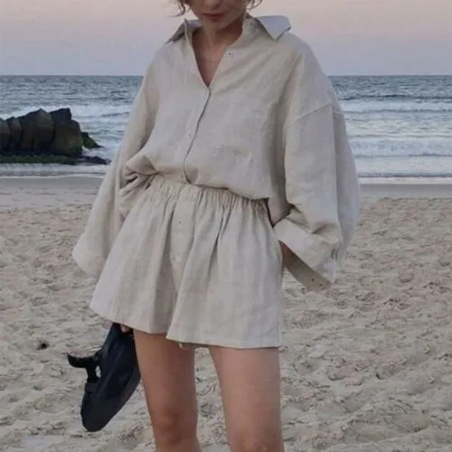 Linen Shorts Set andTurn-down Collar Long Sleeve Shirt