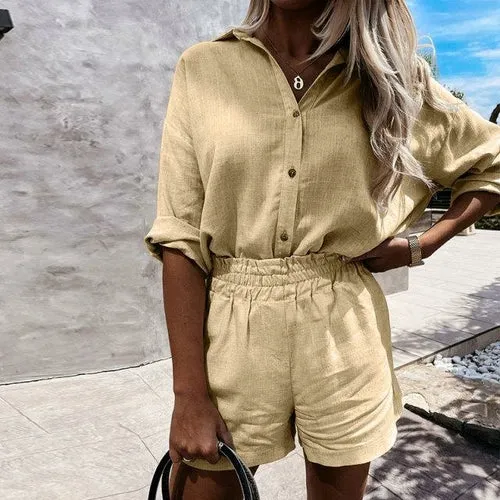 Linen Shorts Set andTurn-down Collar Long Sleeve Shirt