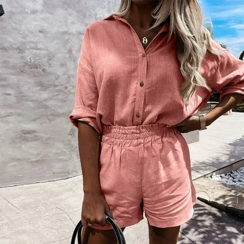 Linen Shorts Set andTurn-down Collar Long Sleeve Shirt