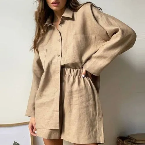 Linen Shorts Set andTurn-down Collar Long Sleeve Shirt