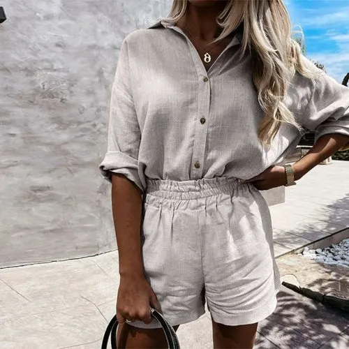 Linen Shorts Set andTurn-down Collar Long Sleeve Shirt