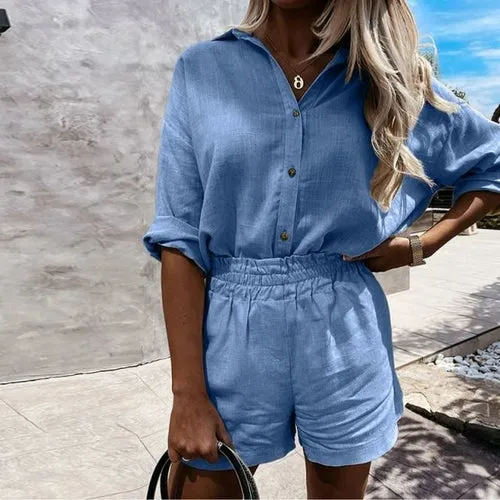 Linen Shorts Set andTurn-down Collar Long Sleeve Shirt