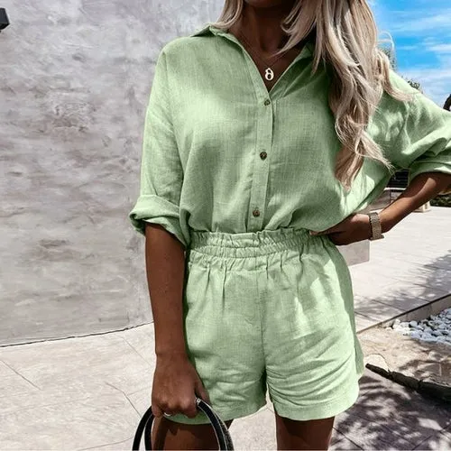 Linen Shorts Set andTurn-down Collar Long Sleeve Shirt