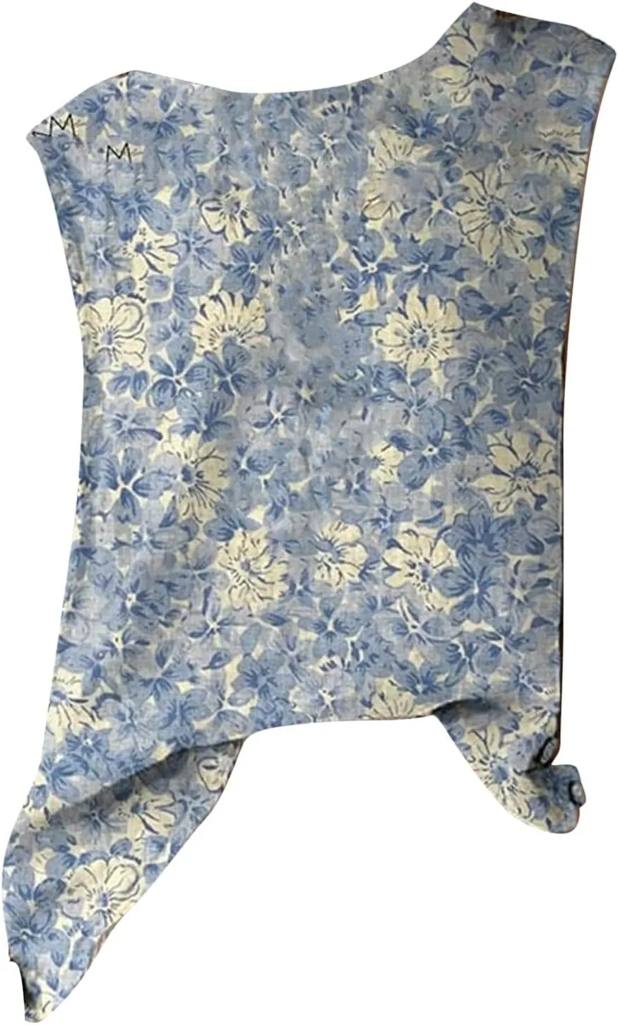 Linen Tank Tops for Women Cotton Gauze Tank Crewneck Boho Floral Printed Sleeveless Shirts Causal Summer Blouse Vest