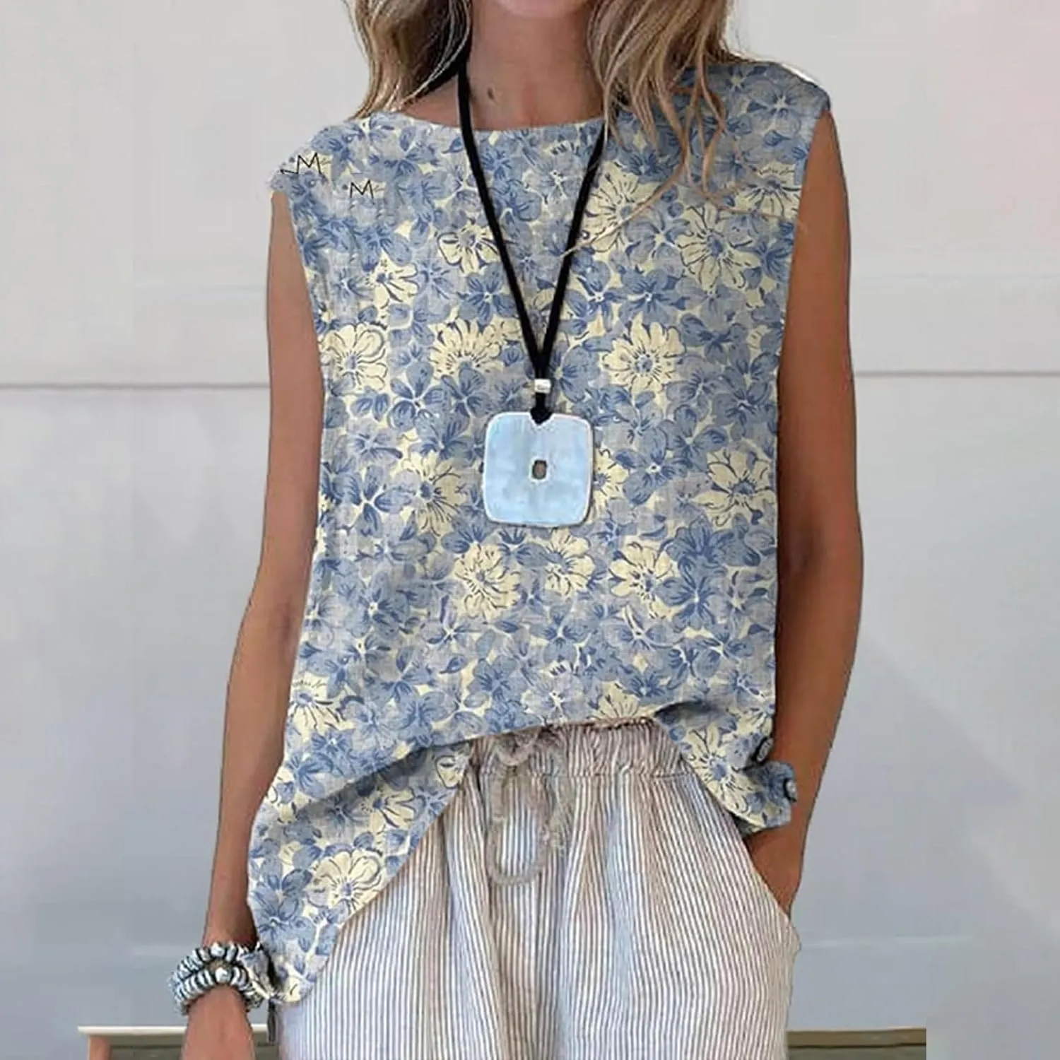 Linen Tank Tops for Women Cotton Gauze Tank Crewneck Boho Floral Printed Sleeveless Shirts Causal Summer Blouse Vest