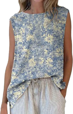 Linen Tank Tops for Women Cotton Gauze Tank Crewneck Boho Floral Printed Sleeveless Shirts Causal Summer Blouse Vest