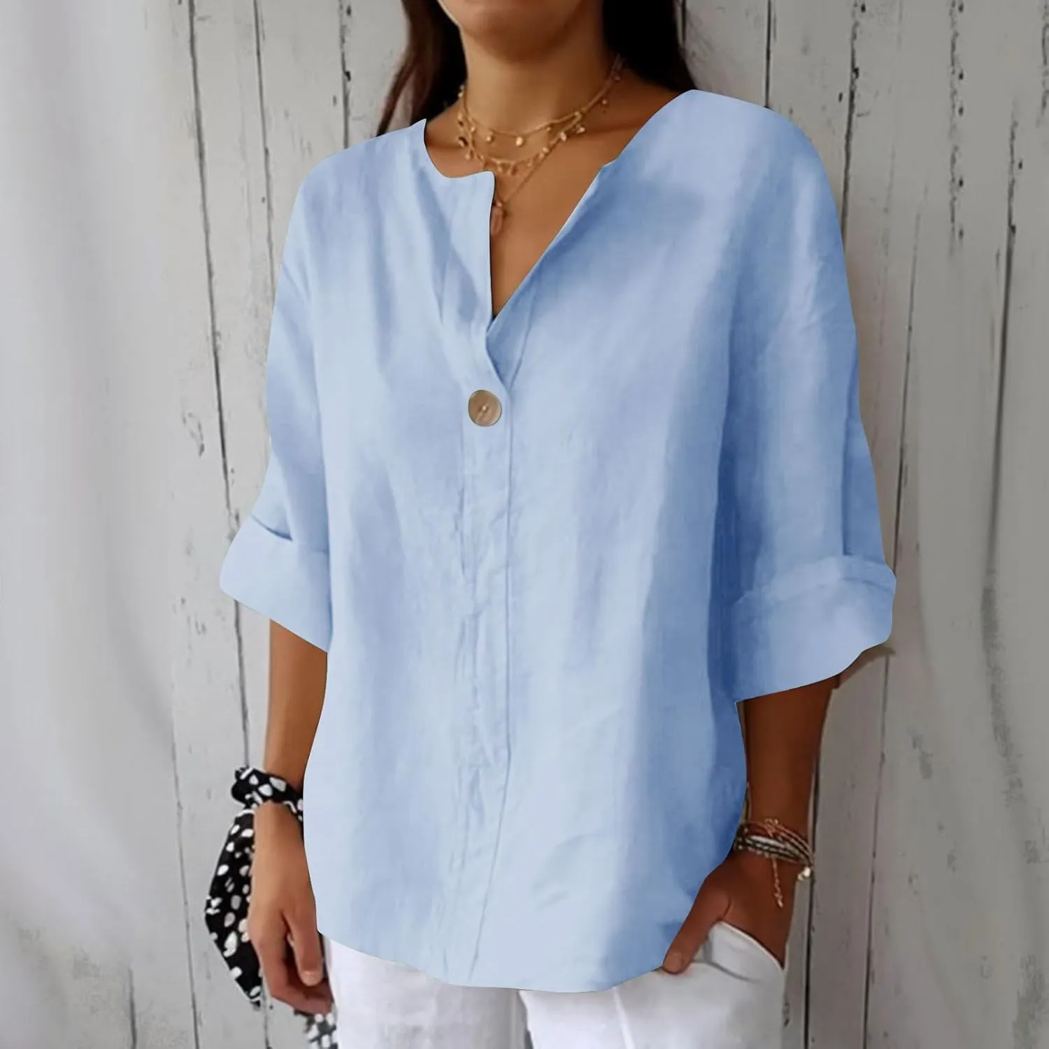 Linen Tops for Women 2025 Summer Trendy 3/4 Sleeve Cotton Linen Shirt Casual Button V Neck Tunic Blouses Plus Size