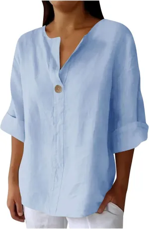 Linen Tops for Women 2025 Summer Trendy 3/4 Sleeve Cotton Linen Shirt Casual Button V Neck Tunic Blouses Plus Size