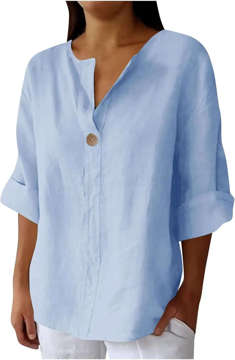 Linen Tops for Women 2025 Summer Trendy 3/4 Sleeve Cotton Linen Shirt Casual Button V Neck Tunic Blouses Plus Size