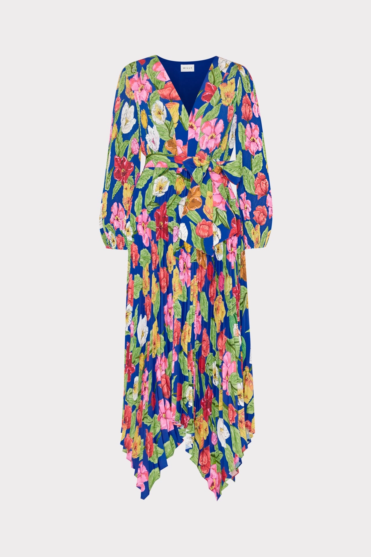 Printed-Fabric Shimmer-Finish Liora Tulip Rosette Pleated Dress