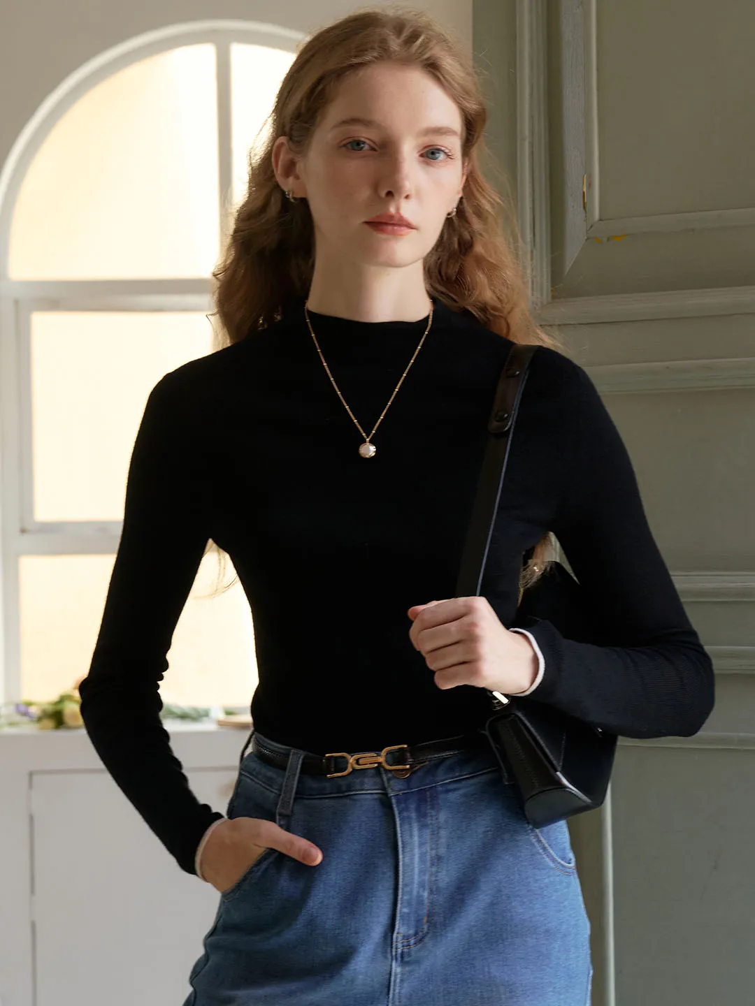 Lisa 100% Wool Half Turtleneck Slim Fit Solid Sweater Reversible Layering Tech