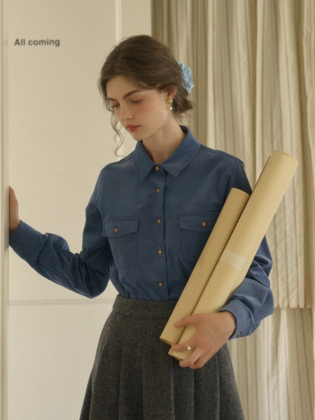 Lisa Classic Notched Collar Pocket Corduroy Shirt - Blue Layered Collar Relaxed Blouse