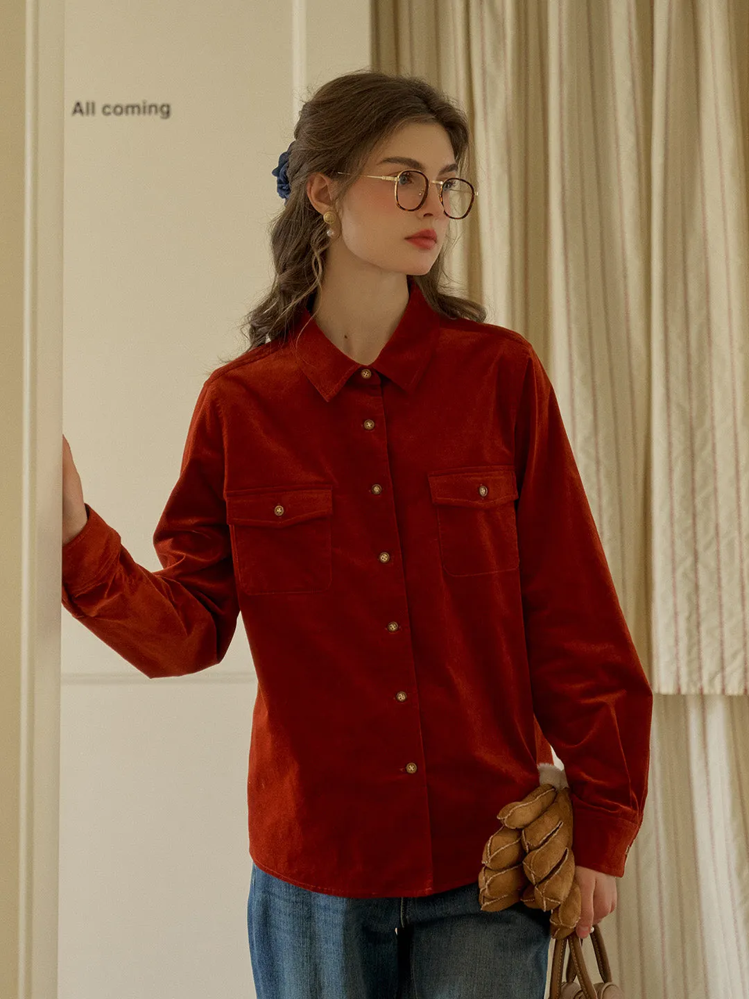 MultiPanelDesign Lisa Classic Notched Collar Pocket Corduroy Shirt - Blue
