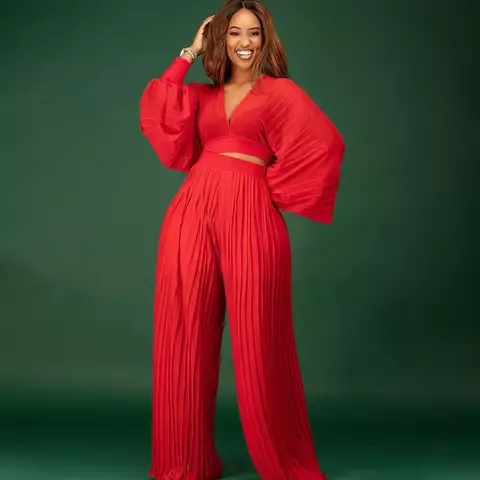 Lisette Women's Summer Ribbed Knit Wide Leg Pant And Long Sleeves Sets Two Piece Pleated set|Red