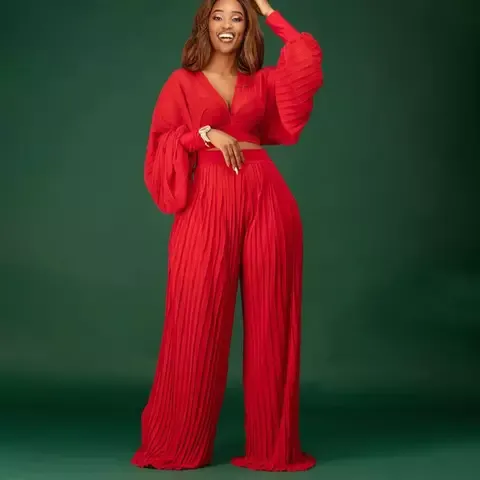 Lisette Women's Summer Ribbed Knit Wide Leg Pant And Long Sleeves Sets Two Piece Pleated set|Red