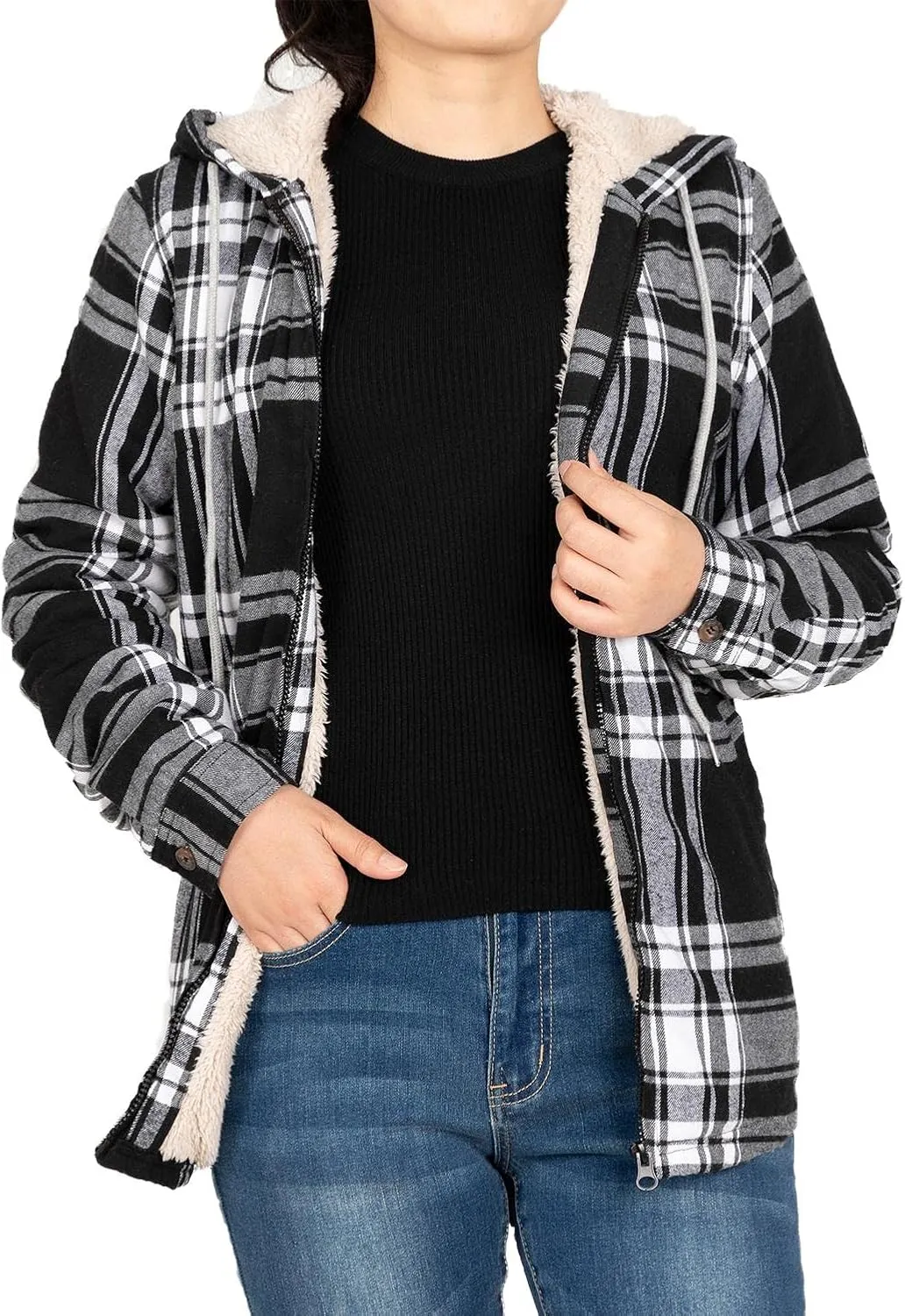 Lisskolo Women Sherpa Flannel Jacket Warm Fleece Lined Plaid Full Zip Flannel Shirt Jacket with Hood