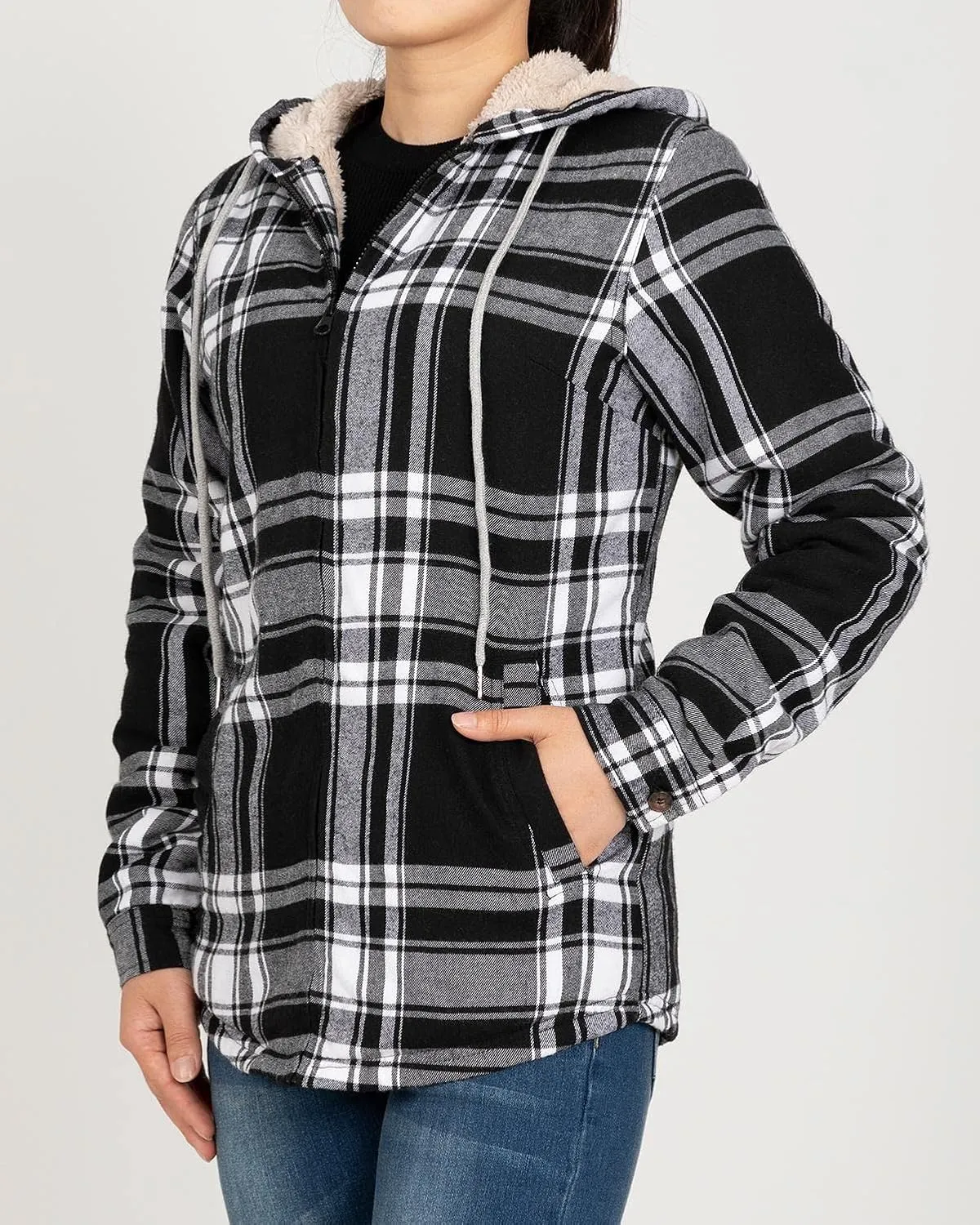 Lisskolo Women Sherpa Flannel Jacket Warm Fleece Lined Plaid Full Zip Flannel Shirt Jacket with Hood