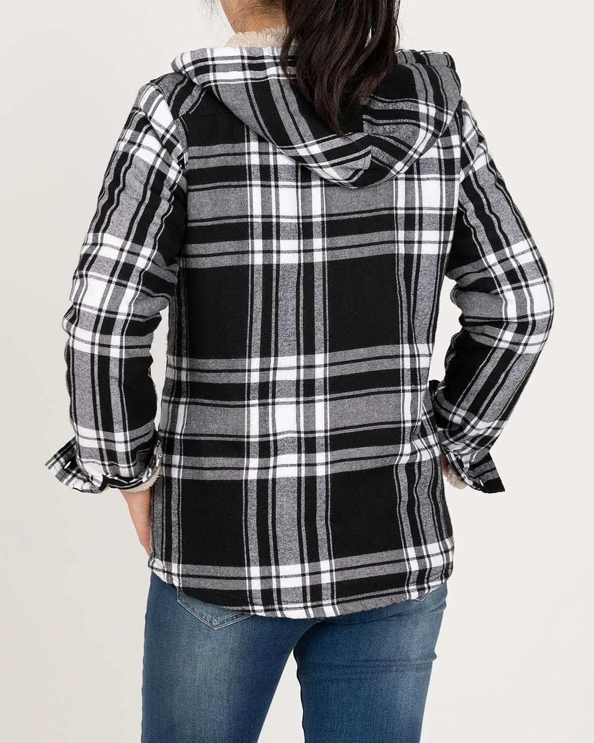 Lisskolo Women Sherpa Flannel Jacket Warm Fleece Lined Plaid Full Zip Flannel Shirt Jacket with Hood